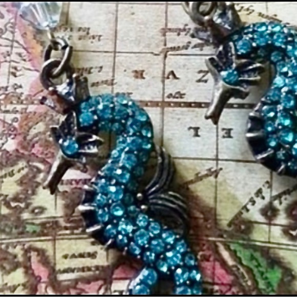 Seahorse earrings crystal paved aqua color for pierced ears NWT - Picture 3 of 12